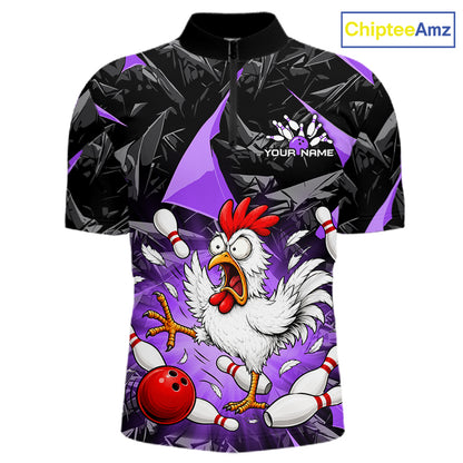 Purple Funny Chicken Custom Mens Bowling Team Shirts Bowling League Polo & 1/4 Zip HNT554