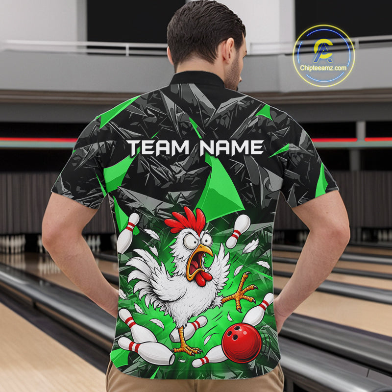 Green Funny Chicken Custom Mens Bowling Team Shirts Bowling League Polo & 1/4 Zip HNT554