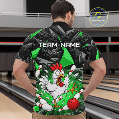 Green Funny Chicken Custom Mens Bowling Team Shirts Bowling League Polo & 1/4 Zip HNT554