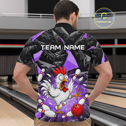 Purple Funny Chicken Custom Mens Bowling Team Shirts Bowling League Polo & 1/4 Zip HNT554