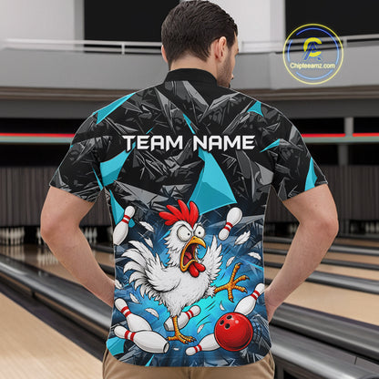 Turquoise Funny Chicken Custom Mens Bowling Team Shirts Bowling League Polo & 1/4 Zip HNT554
