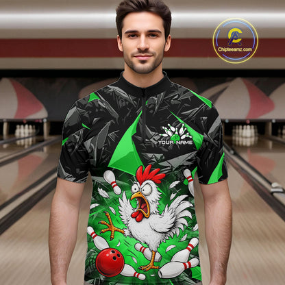 Green Funny Chicken Custom Mens Bowling Team Shirts Bowling League Polo & 1/4 Zip HNT554