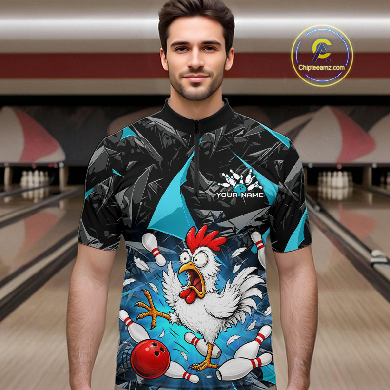 Turquoise Funny Chicken Custom Mens Bowling Team Shirts Bowling League Polo & 1/4 Zip HNT554