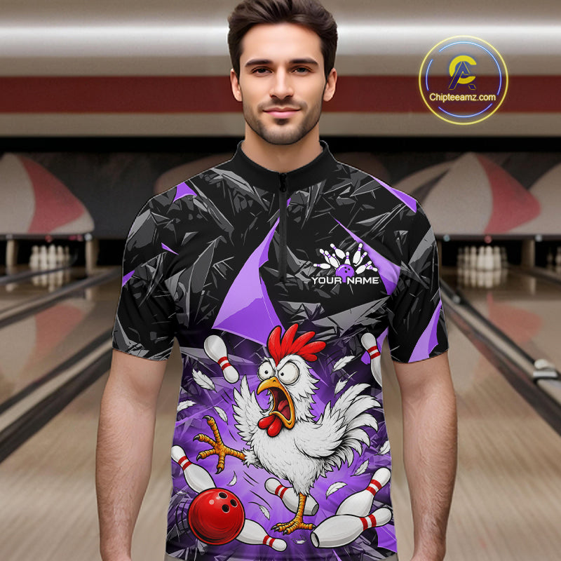 Purple Funny Chicken Custom Mens Bowling Team Shirts Bowling League Polo & 1/4 Zip HNT554
