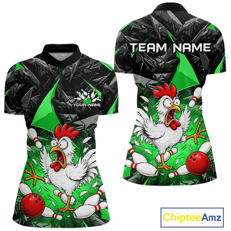 Green Funny Chicken Custom Womens Bowling Team Shirts Bowling League Polo & 1/4 Zip HNT554
