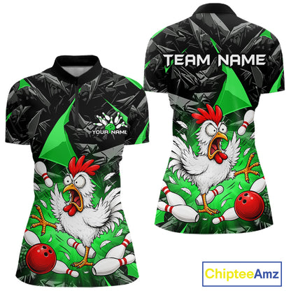 Green Funny Chicken Custom Womens Bowling Team Shirts Bowling League Polo & 1/4 Zip HNT554