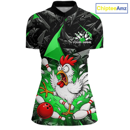 Green Funny Chicken Custom Womens Bowling Team Shirts Bowling League Polo & 1/4 Zip HNT554
