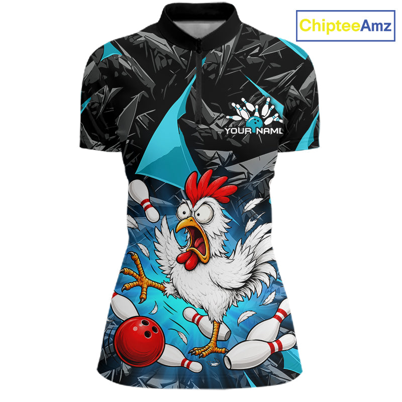 Turquoise Funny Chicken Custom Womens Bowling Team Shirts Bowling League Polo & 1/4 Zip HNT554