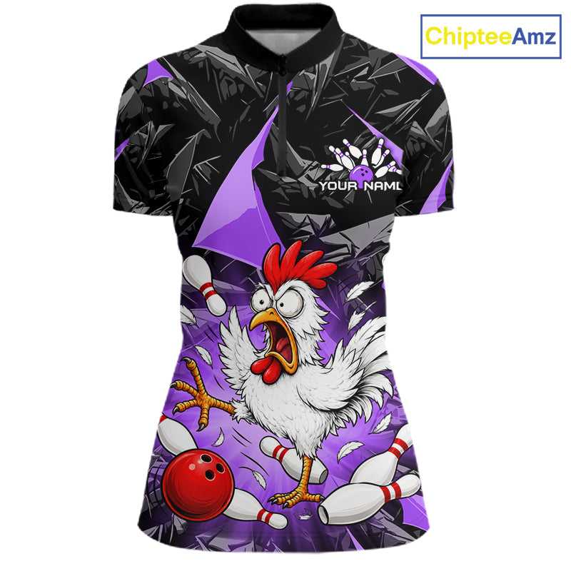 Purple Funny Chicken Custom Womens Bowling Team Shirts Bowling League Polo & 1/4 Zip HNT554