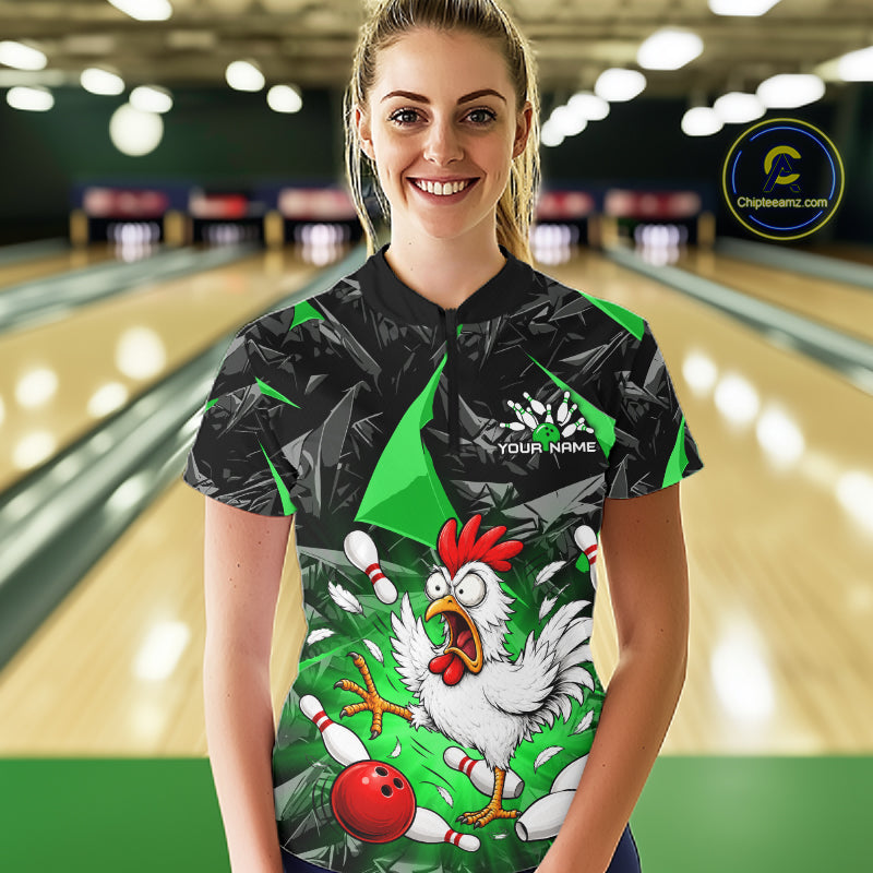 Green Funny Chicken Custom Womens Bowling Team Shirts Bowling League Polo & 1/4 Zip HNT554