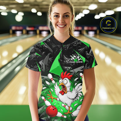 Green Funny Chicken Custom Womens Bowling Team Shirts Bowling League Polo & 1/4 Zip HNT554