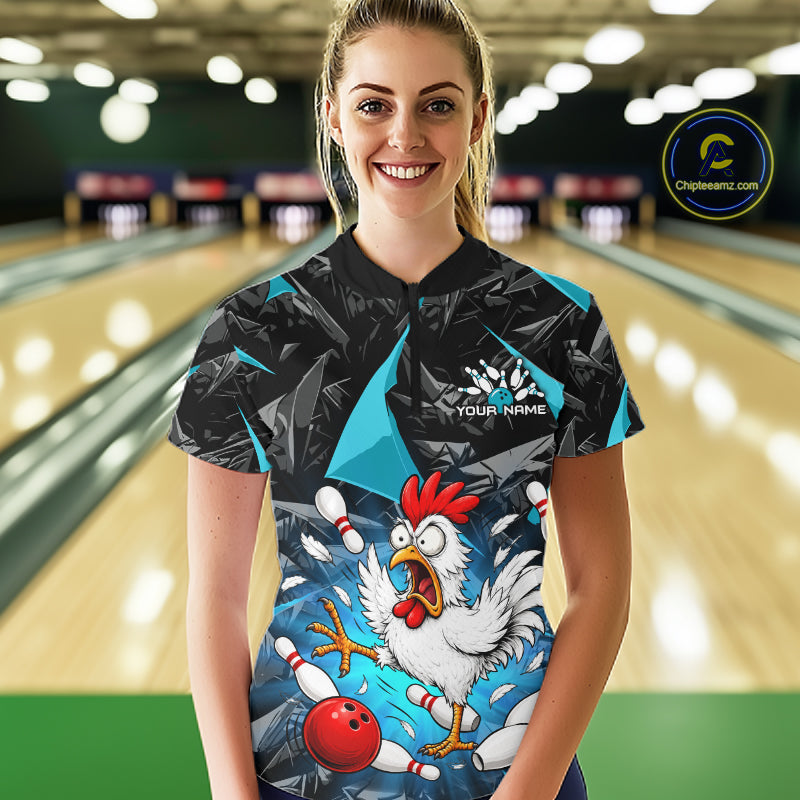 Turquoise Funny Chicken Custom Womens Bowling Team Shirts Bowling League Polo & 1/4 Zip HNT554
