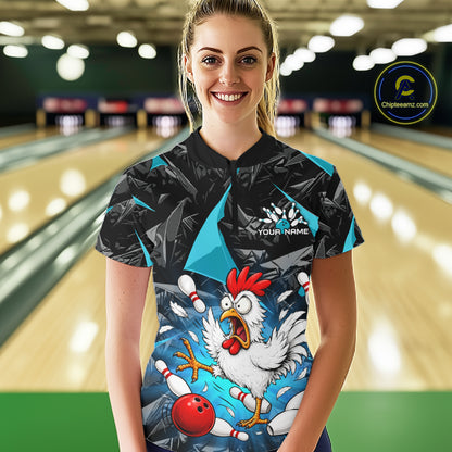 Turquoise Funny Chicken Custom Womens Bowling Team Shirts Bowling League Polo & 1/4 Zip HNT554