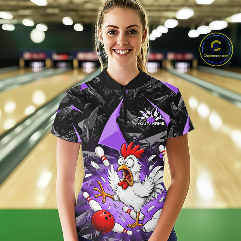 Purple Funny Chicken Custom Womens Bowling Team Shirts Bowling League Polo & 1/4 Zip HNT554