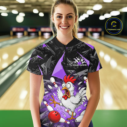 Purple Funny Chicken Custom Womens Bowling Team Shirts Bowling League Polo & 1/4 Zip HNT554