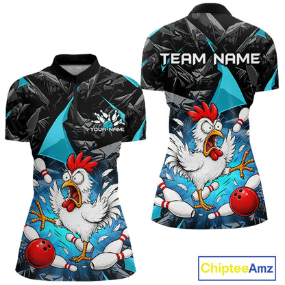 Turquoise Funny Chicken Custom Womens Bowling Team Shirts Bowling League Polo & 1/4 Zip HNT554