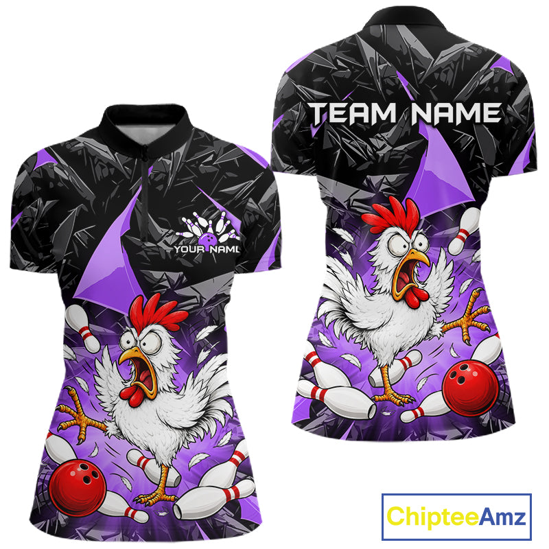 Purple Funny Chicken Custom Womens Bowling Team Shirts Bowling League Polo & 1/4 Zip HNT554