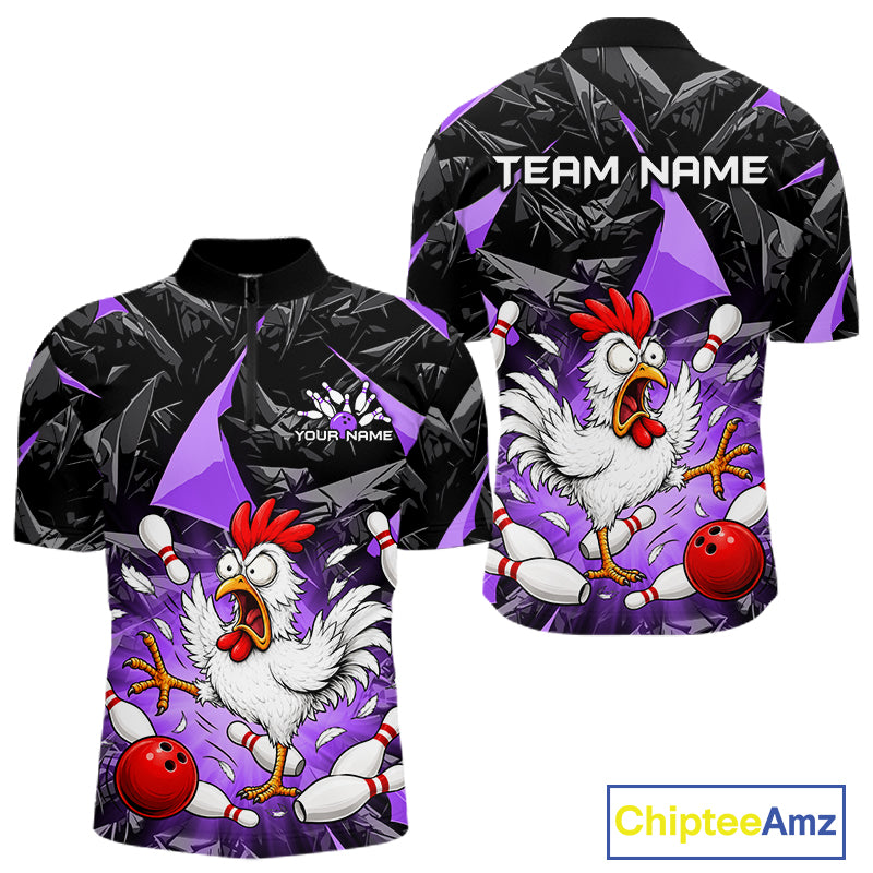 Purple Funny Chicken Custom Mens Bowling Team Shirts Bowling League Polo & 1/4 Zip HNT554