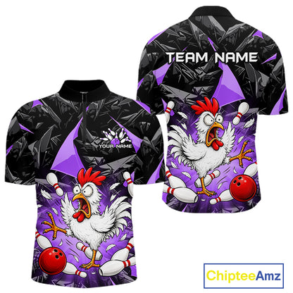Purple Funny Chicken Custom Mens Bowling Team Shirts Bowling League Polo & 1/4 Zip HNT554