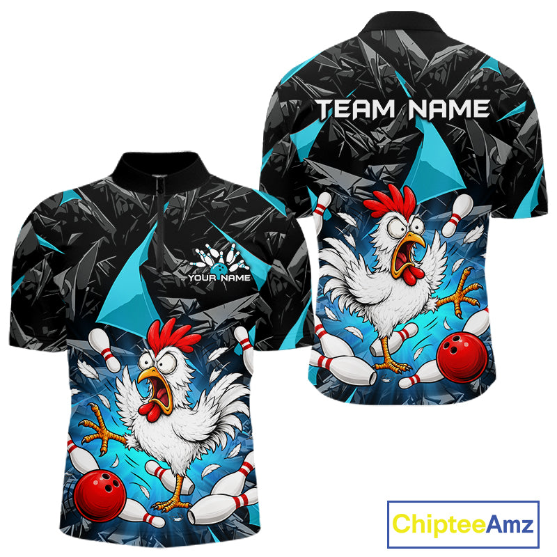 Turquoise Funny Chicken Custom Mens Bowling Team Shirts Bowling League Polo & 1/4 Zip HNT554