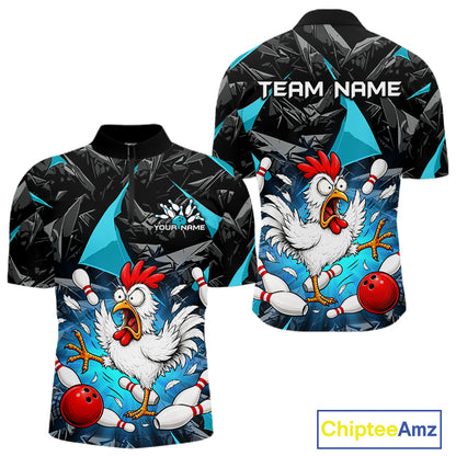 Turquoise Funny Chicken Custom Mens Bowling Team Shirts Bowling League Polo & 1/4 Zip HNT554