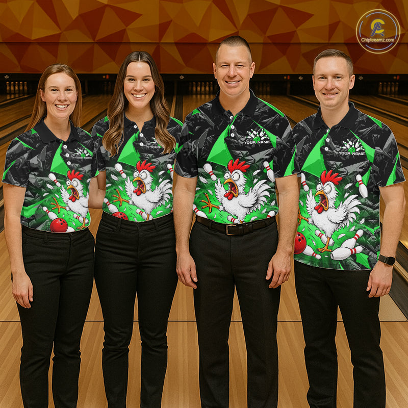 Green Funny Chicken Custom Womens Bowling Team Shirts Bowling League Polo & 1/4 Zip HNT554