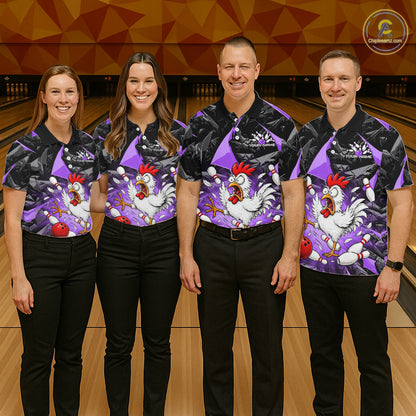 Purple Funny Chicken Custom Mens Bowling Team Shirts Bowling League Polo & 1/4 Zip HNT554