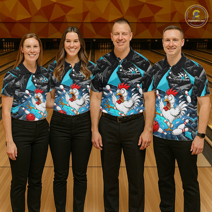 Turquoise Funny Chicken Custom Mens Bowling Team Shirts Bowling League Polo & 1/4 Zip HNT554