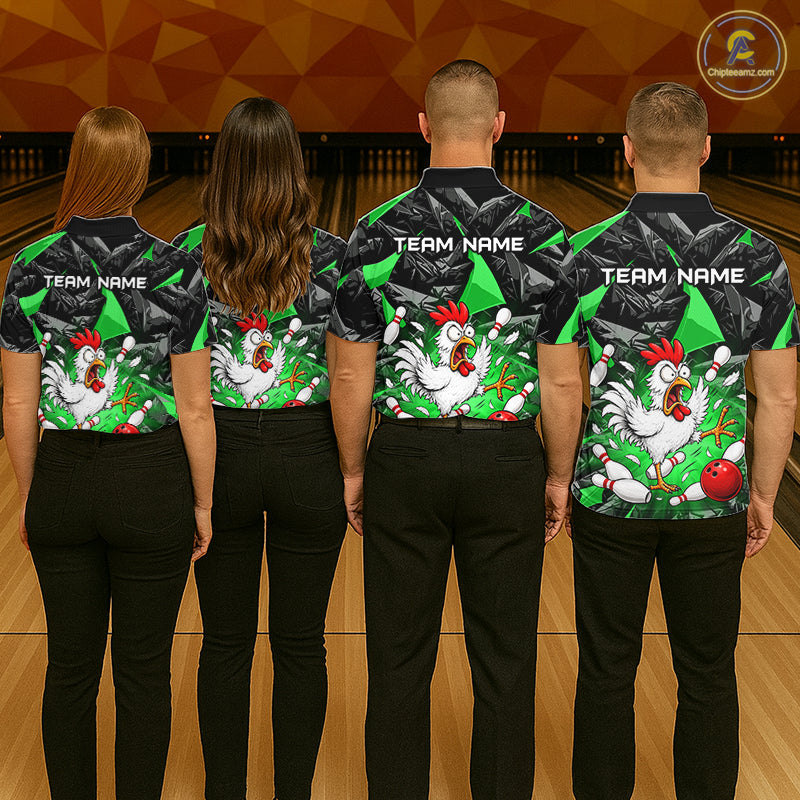 Green Funny Chicken Custom Womens Bowling Team Shirts Bowling League Polo & 1/4 Zip HNT554