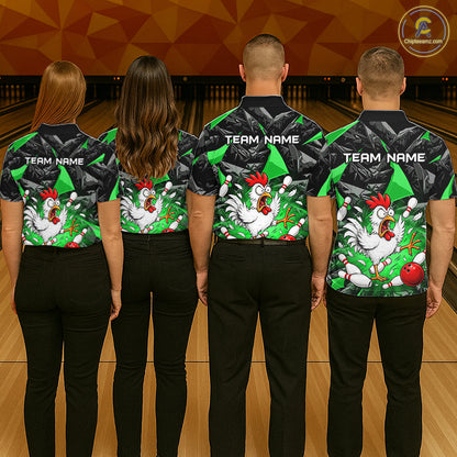 Green Funny Chicken Custom Womens Bowling Team Shirts Bowling League Polo & 1/4 Zip HNT554