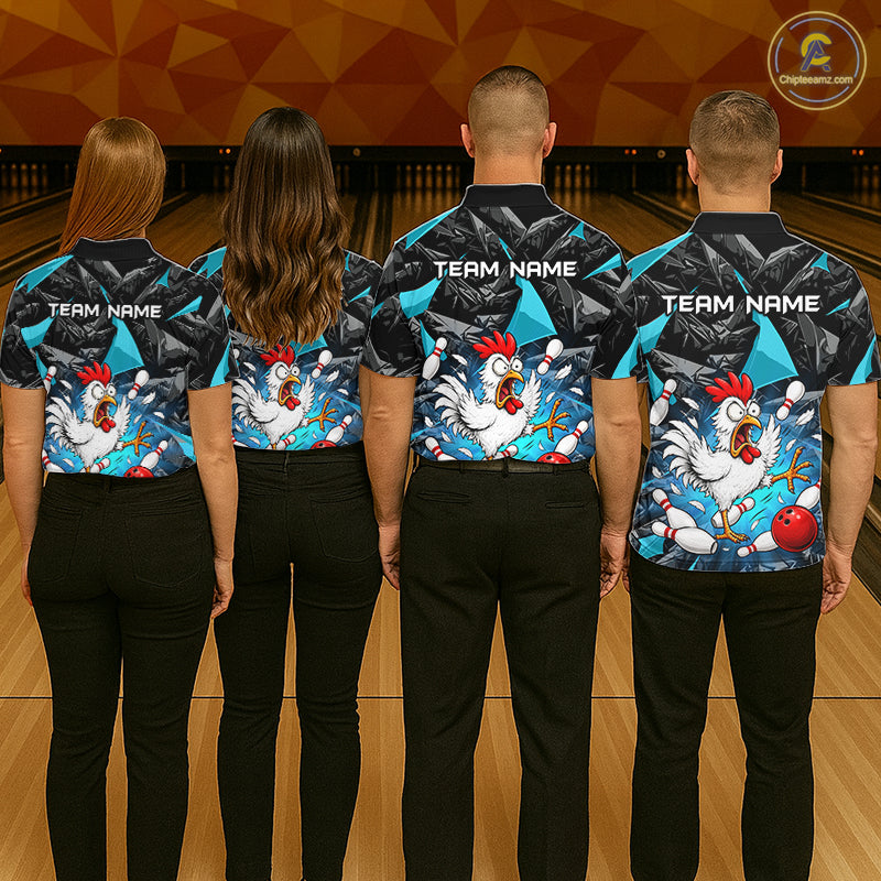 Turquoise Funny Chicken Custom Mens Bowling Team Shirts Bowling League Polo & 1/4 Zip HNT554