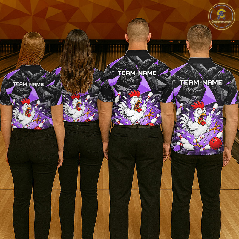 Purple Funny Chicken Custom Womens Bowling Team Shirts Bowling League Polo & 1/4 Zip HNT554