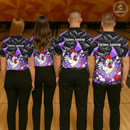 Purple Funny Chicken Custom Womens Bowling Team Shirts Bowling League Polo & 1/4 Zip HNT554