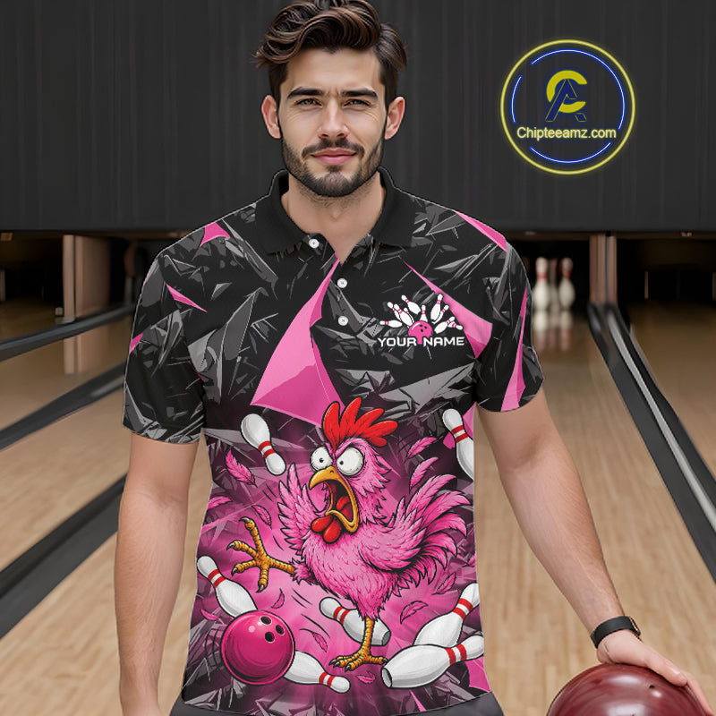 Pink Funny Chicken Bowling Jersey for Men, Custom Breast Cancer Bowling Team Shirts HNT555