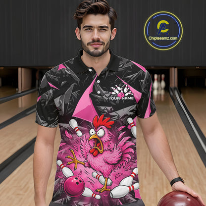 Pink Funny Chicken Bowling Jersey for Men, Custom Breast Cancer Bowling Team Shirts HNT555