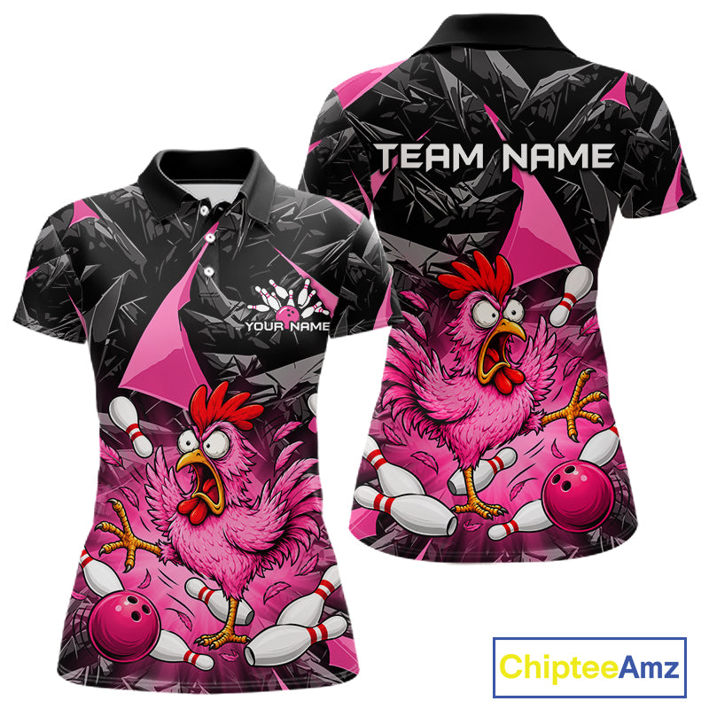Pink Funny Chicken Bowling Jersey for Women, Custom Breast Cancer Bowling Team Shirts HNT555