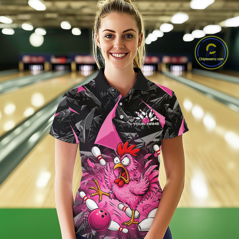 Pink Funny Chicken Bowling Jersey for Women, Custom Breast Cancer Bowling Team Shirts HNT555
