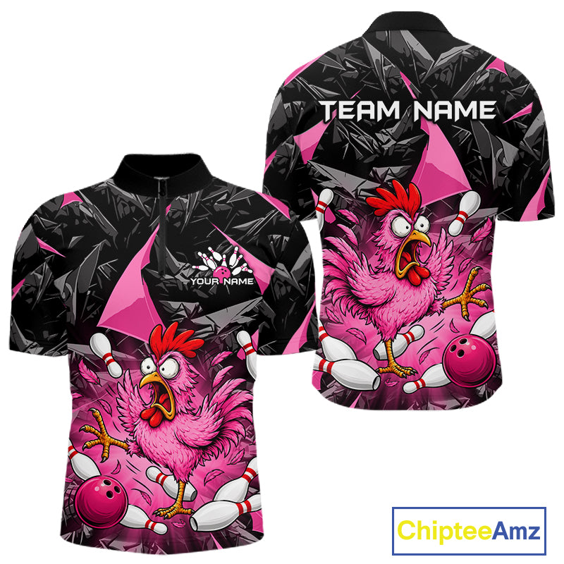 Pink Funny Chicken Bowling Jersey for Men, Custom Breast Cancer Bowling Team Shirts HNT555