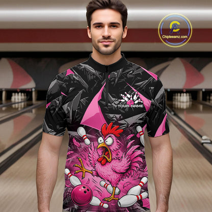 Pink Funny Chicken Bowling Jersey for Men, Custom Breast Cancer Bowling Team Shirts HNT555