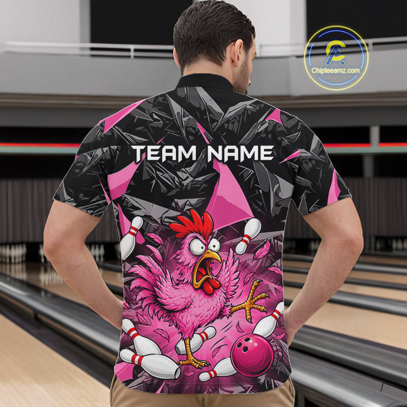Pink Funny Chicken Bowling Jersey for Men, Custom Breast Cancer Bowling Team Shirts HNT555