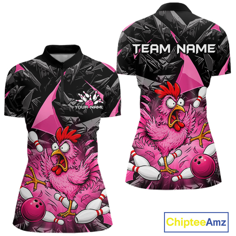 Pink Funny Chicken Bowling Jersey for Women, Custom Breast Cancer Bowling Team Shirts HNT555