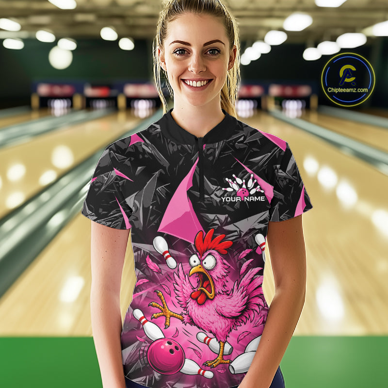 Pink Funny Chicken Bowling Jersey for Women, Custom Breast Cancer Bowling Team Shirts HNT555