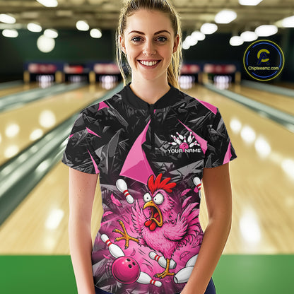 Pink Funny Chicken Bowling Jersey for Women, Custom Breast Cancer Bowling Team Shirts HNT555
