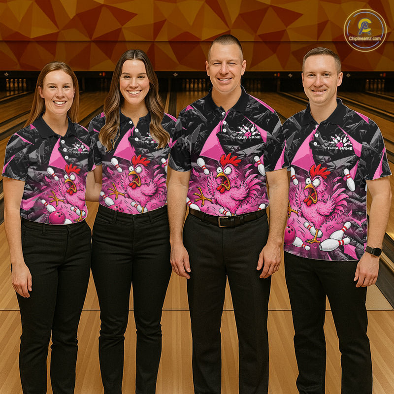 Pink Funny Chicken Bowling Jersey for Men, Custom Breast Cancer Bowling Team Shirts HNT555