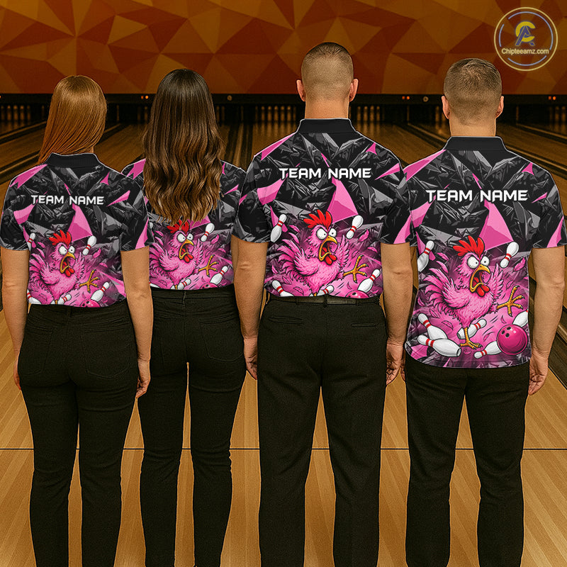Pink Funny Chicken Bowling Jersey for Women, Custom Breast Cancer Bowling Team Shirts HNT555