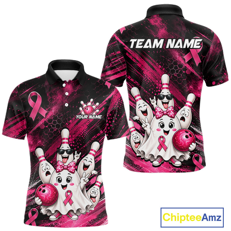 Custom Pink Funny Ghost Halloween Bowling Jersey for Men, Breast Cancer Bowling Team Shirts HNT557