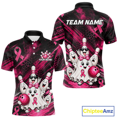 Custom Pink Funny Ghost Halloween Bowling Jersey for Men, Breast Cancer Bowling Team Shirts HNT557