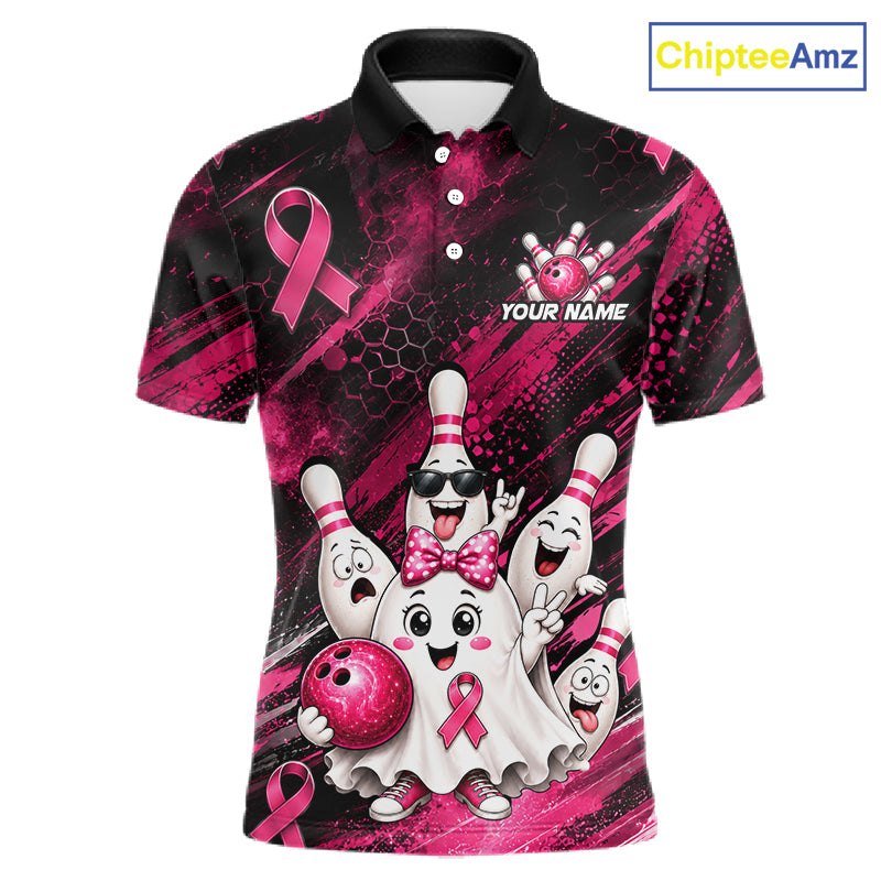 Custom Pink Funny Ghost Halloween Bowling Jersey for Men, Breast Cancer Bowling Team Shirts HNT557