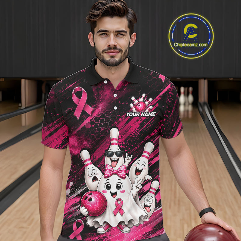 Custom Pink Funny Ghost Halloween Bowling Jersey for Men, Breast Cancer Bowling Team Shirts HNT557