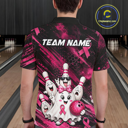 Custom Pink Funny Ghost Halloween Bowling Jersey for Men, Breast Cancer Bowling Team Shirts HNT557